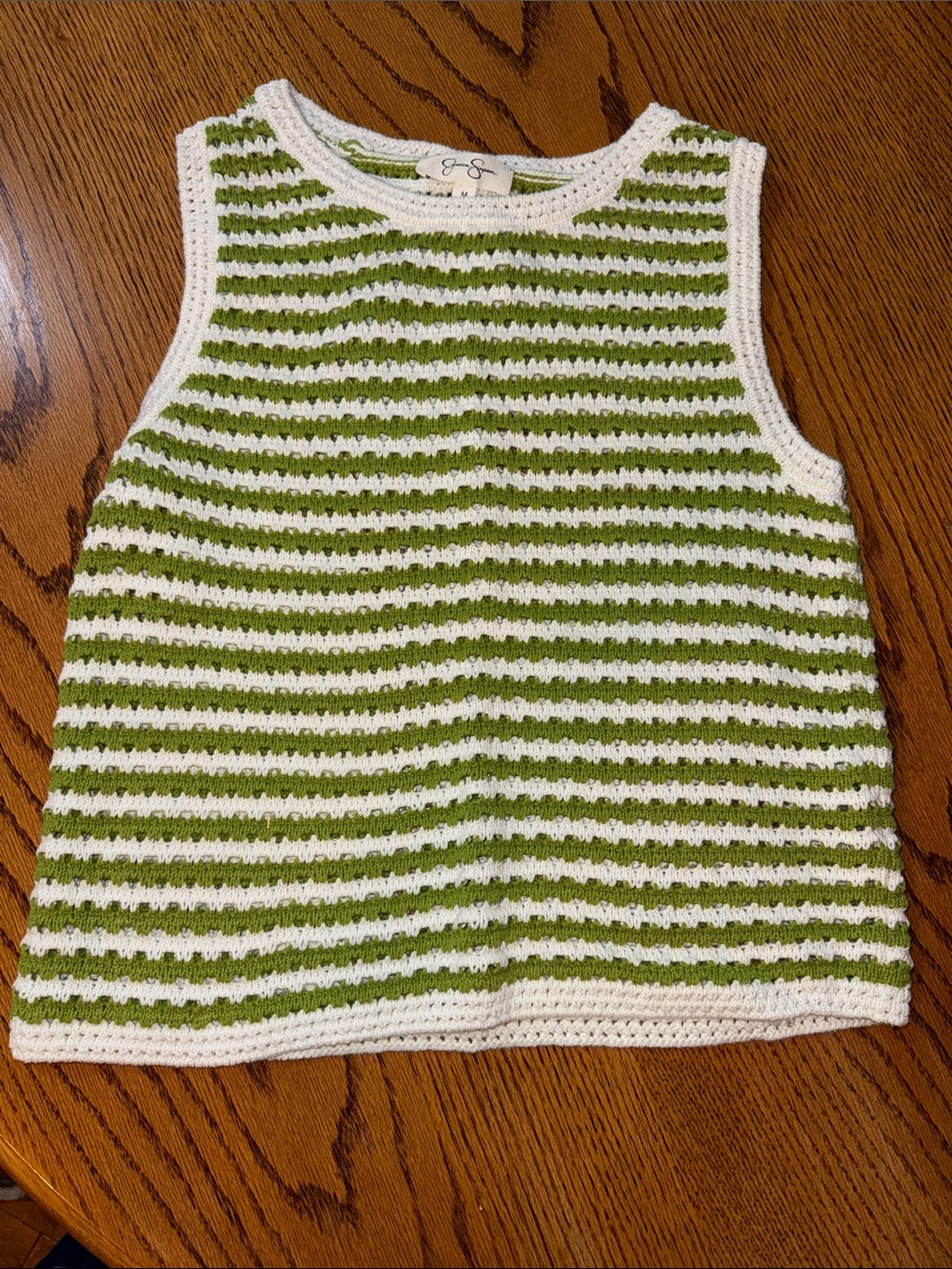 Jessica Simpson Green and White Striped Crochet tank top